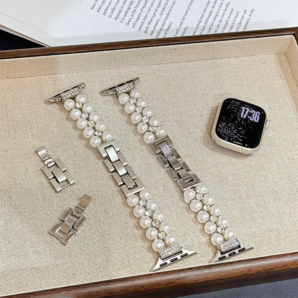 Double-Row Pearl Metal Strap For Apple Watch