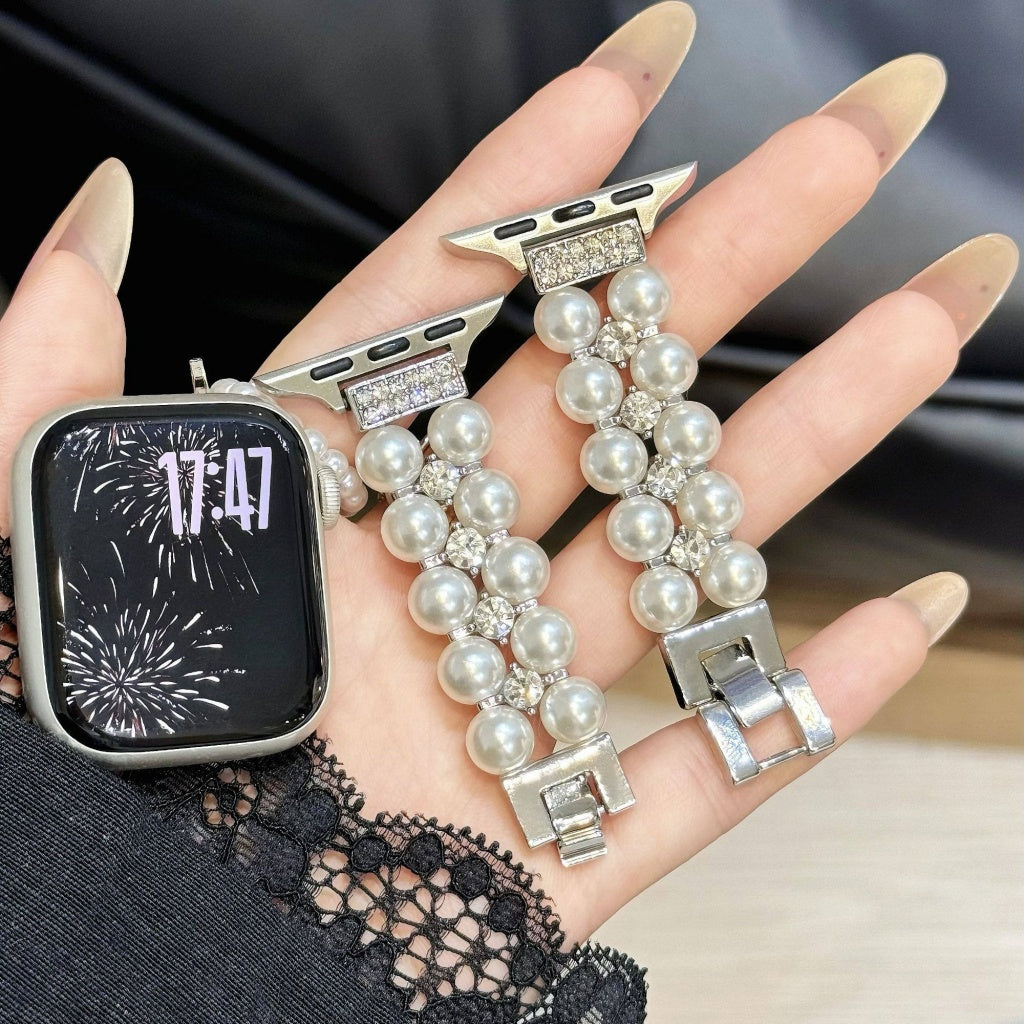 Double-Row Pearl Metal Strap For Apple Watch