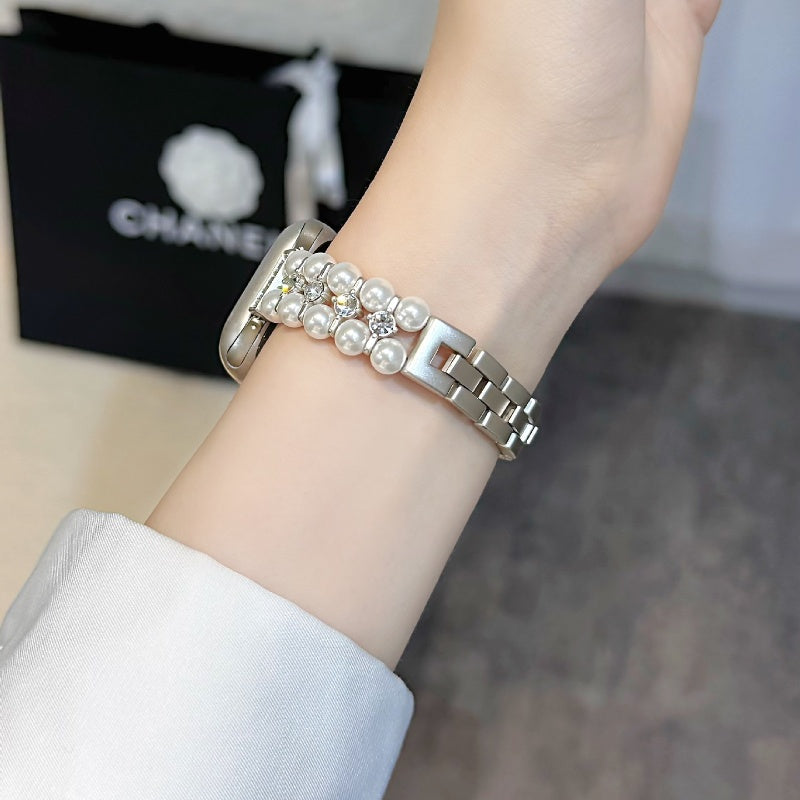 Double-Row Pearl Metal Strap For Apple Watch