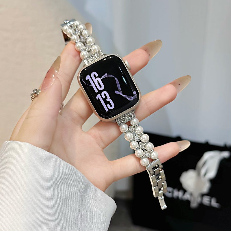 Double-Row Pearl Metal Strap For Apple Watch