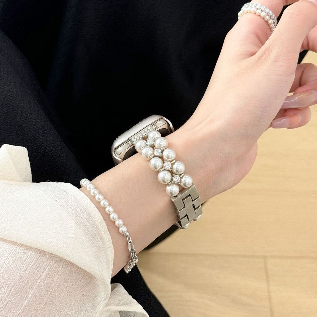 Double-Row Pearl Metal Strap For Apple Watch